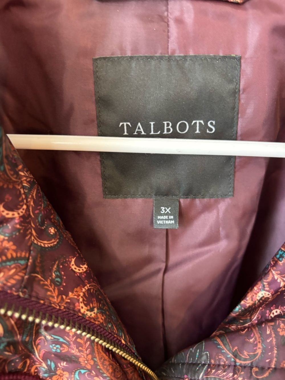 Talbots Quilted Paisley Puffer Jacket - Burgundy with Teal Accents - Picture 5 of 9